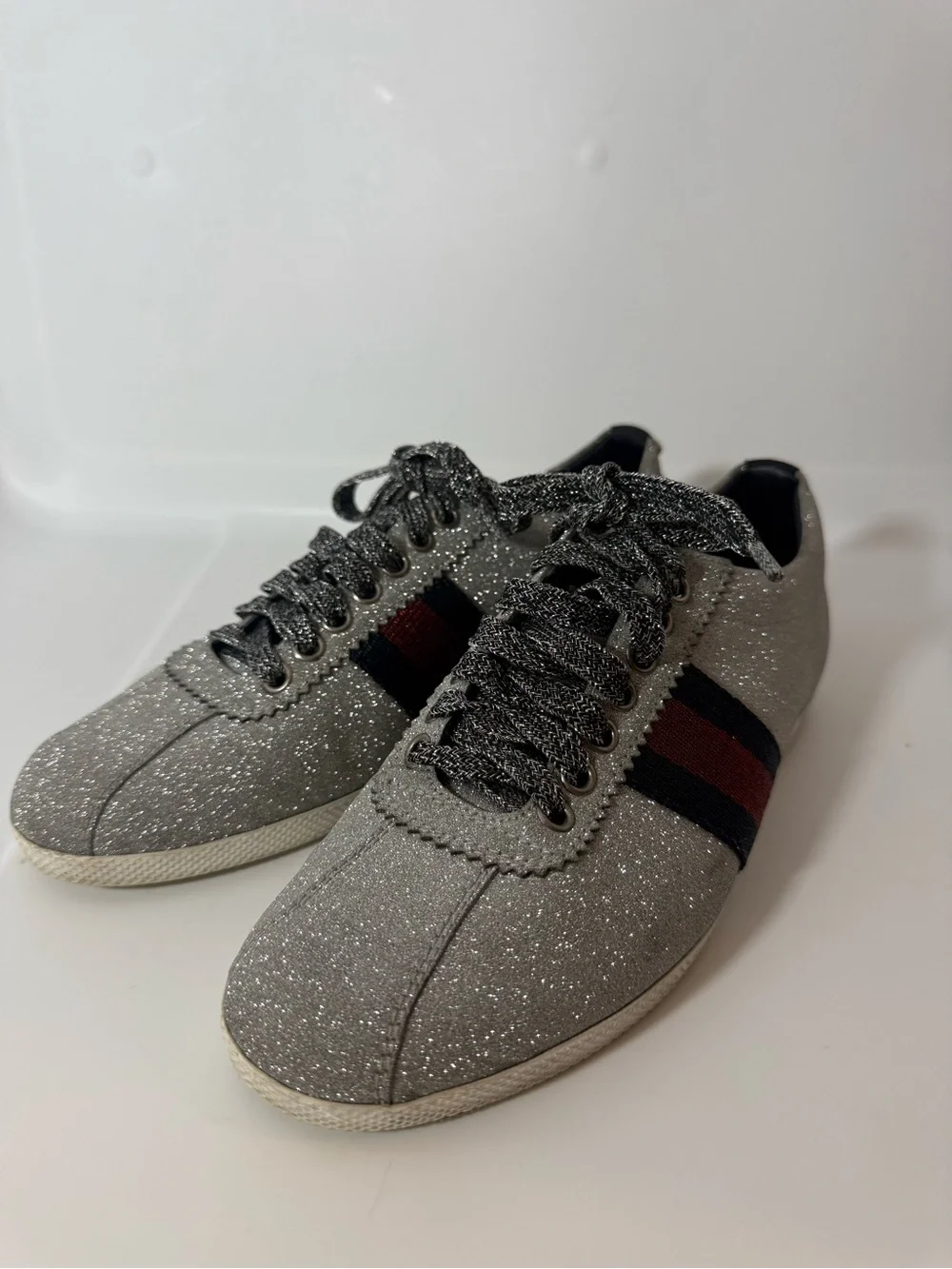 Gucci silver Glitter Sneakers with Red end black web stripe